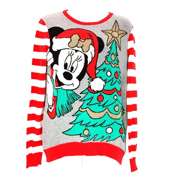 Disney Minnie Mouse Christmas Tree Light Up Holiday Sweater Gray Red Juniors XL - Picture 1 of 7